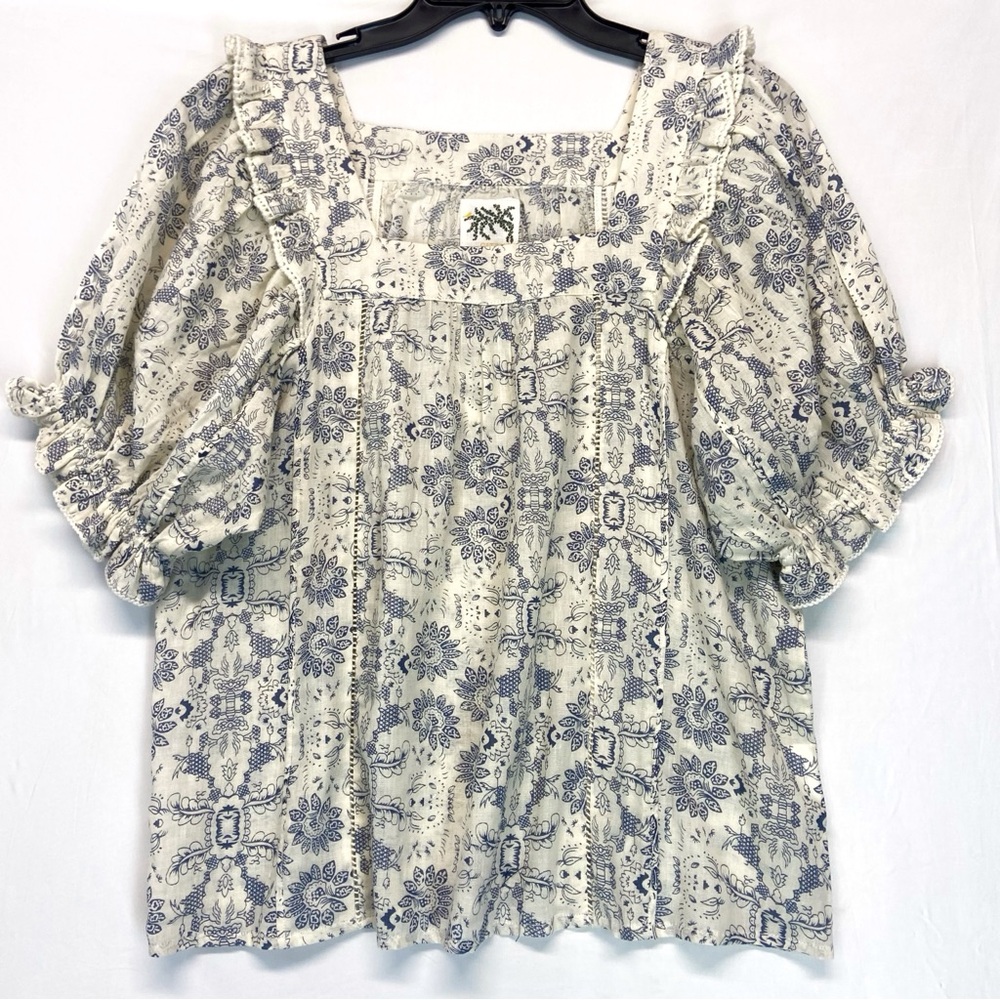 Boutique Blue Cream Printed Peasant Blouse Size S NWOT